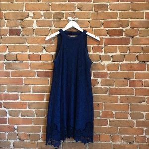Navy High-Neck Halter Lace Dress